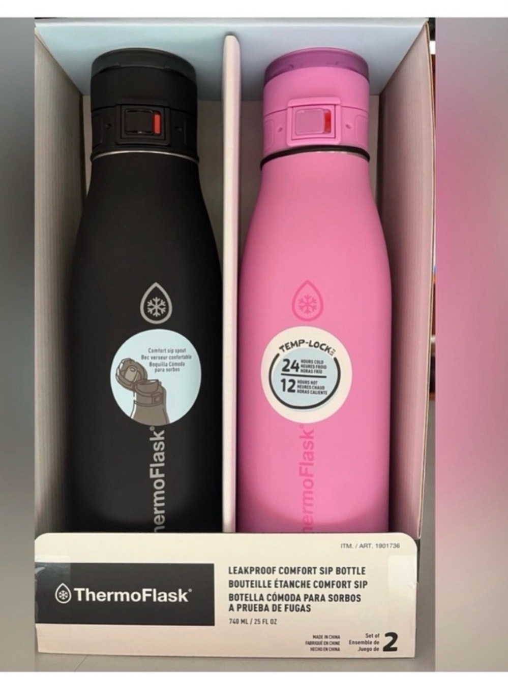 ThermoFlask Pink and Black Leakproof Comfort Sip Bottle Set